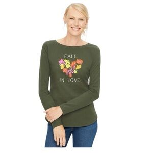 Talbots Green Long Sleeve Top FALL In Love COTTON BATEAU NECK TEE Leaves NWT S